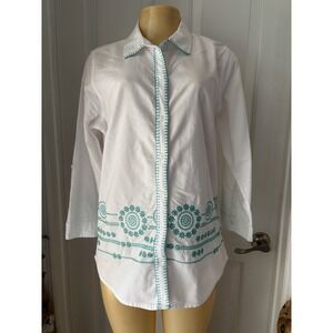Caribbean Joe White w/Green Embroidered Floral Design Button Front Shirt Size Lg